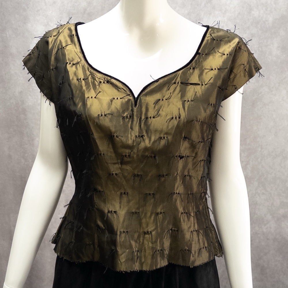 Vintage 40s / 50s Green Bronze‎ Gold Silk Taffeta Fringed Cocktail Top